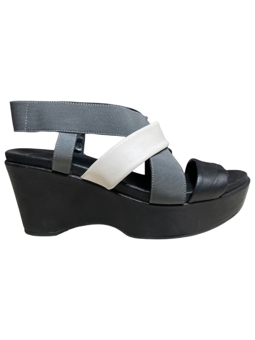 Y2K Chunky Platform Sandals 8 Leather Textile Wedge Open Toe Shoes Gray